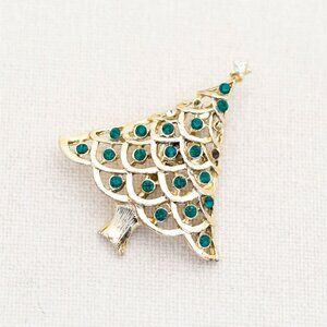 Vintage Green Rhinestones Gold Tone Christmas Tree Brooch - A11